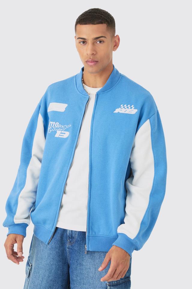 Oversized Moto Sport Applique Jersey Bomber Jacket | boohooMAN USA Product Image