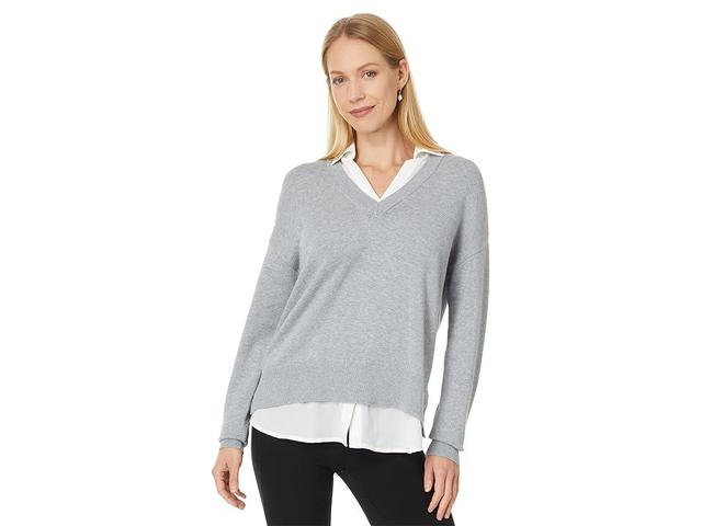 Elliott Lauren Modal Knits - Double layer V-neck sweater with shirting (Heather Grey) Women's Sweater Product Image