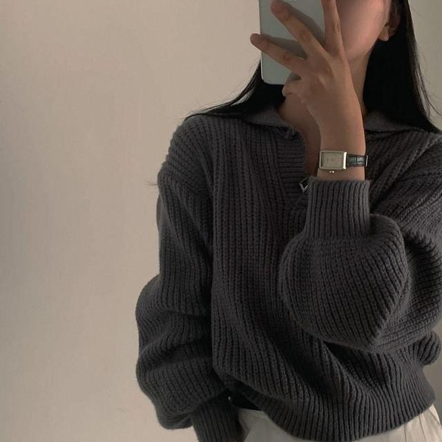 Collared Open Placket Plain Sweater Product Image