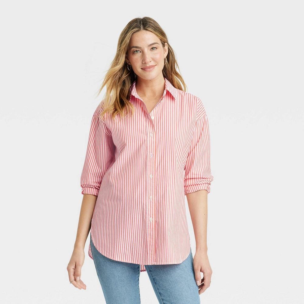 Womens Oversized Long Sleeve Collared Button-Down Shirt - Universal Thread Red Striped M Product Image