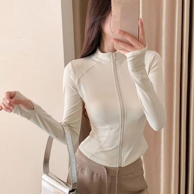 Long-Sleeve Mock Neck Zip-Up Plain Top Product Image