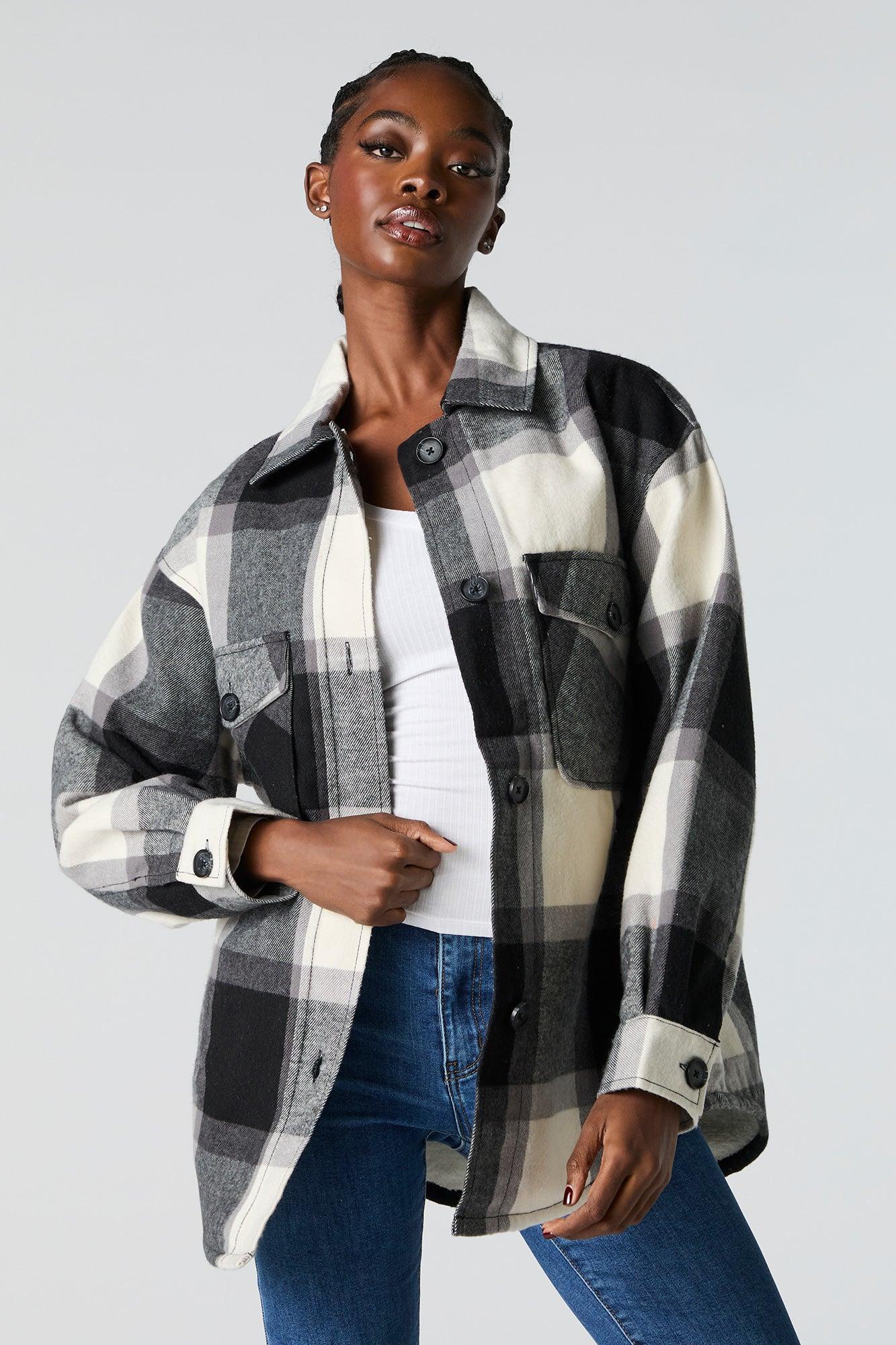 Sherpa Lined Plaid Flannel Shacket Female Product Image