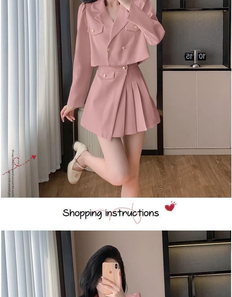 Set: Notch Lapel Plain Double Breasted Blazer + High Rise Pleated Mini A-Line Skirt Product Image