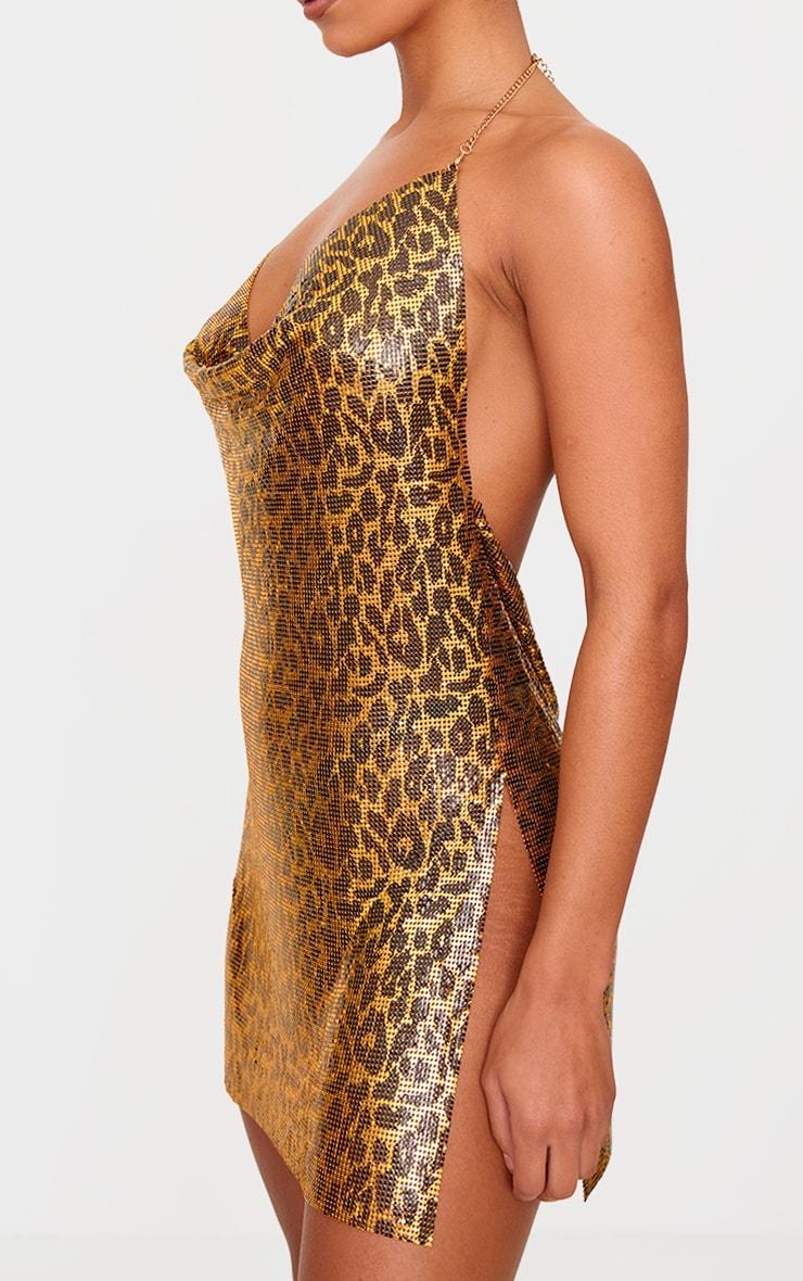 Brown Leopard Print Chainmail Cowl Shift Dress Product Image