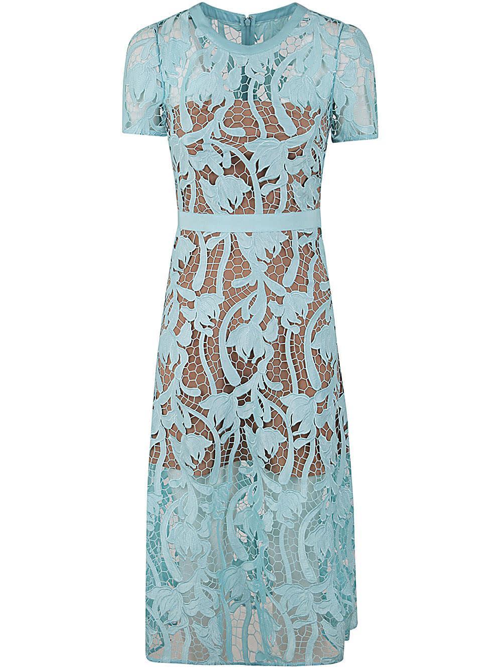 Guipure-lace Flared Midi Dress In Blue Product Image