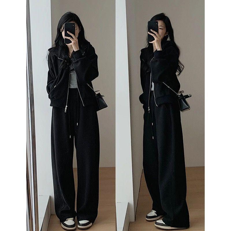 Set: Hooded Plain Zip Jacket + Drawstring Waist Plain Wide Leg Pants Product Image