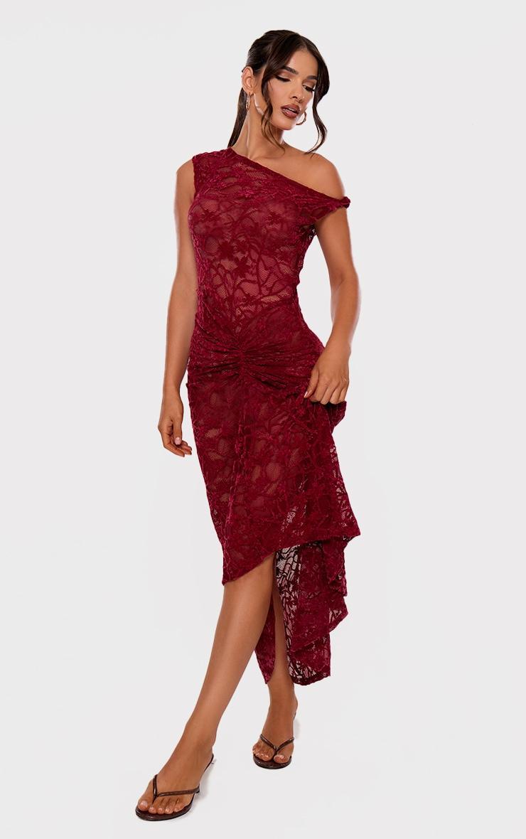 Red Lace Off The Shoulder Ruched Maxi Dress Product Image