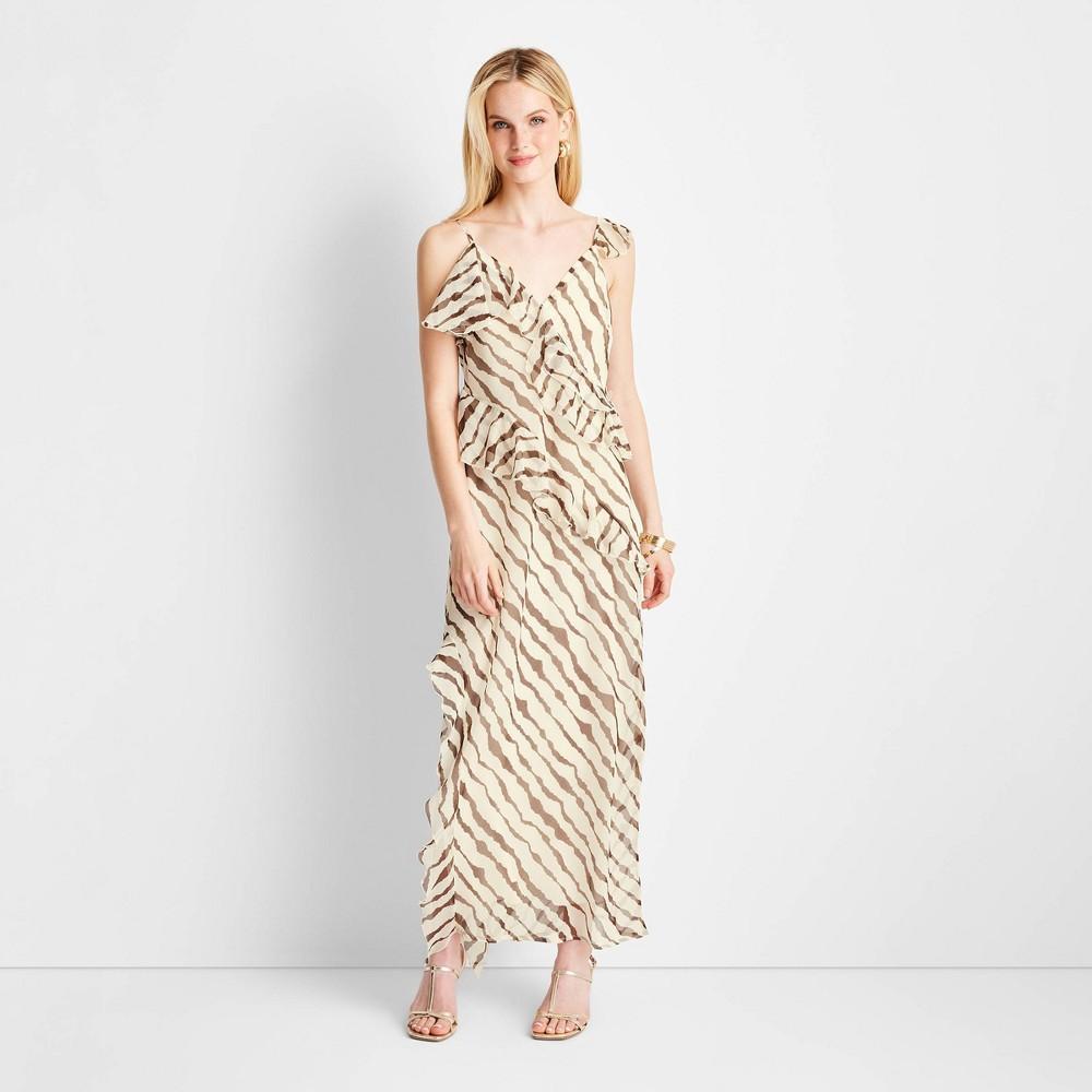 Womens Ruffle Ankle Length Dress - Future Collective with Jenee Naylor Cream/Brown Striped Product Image