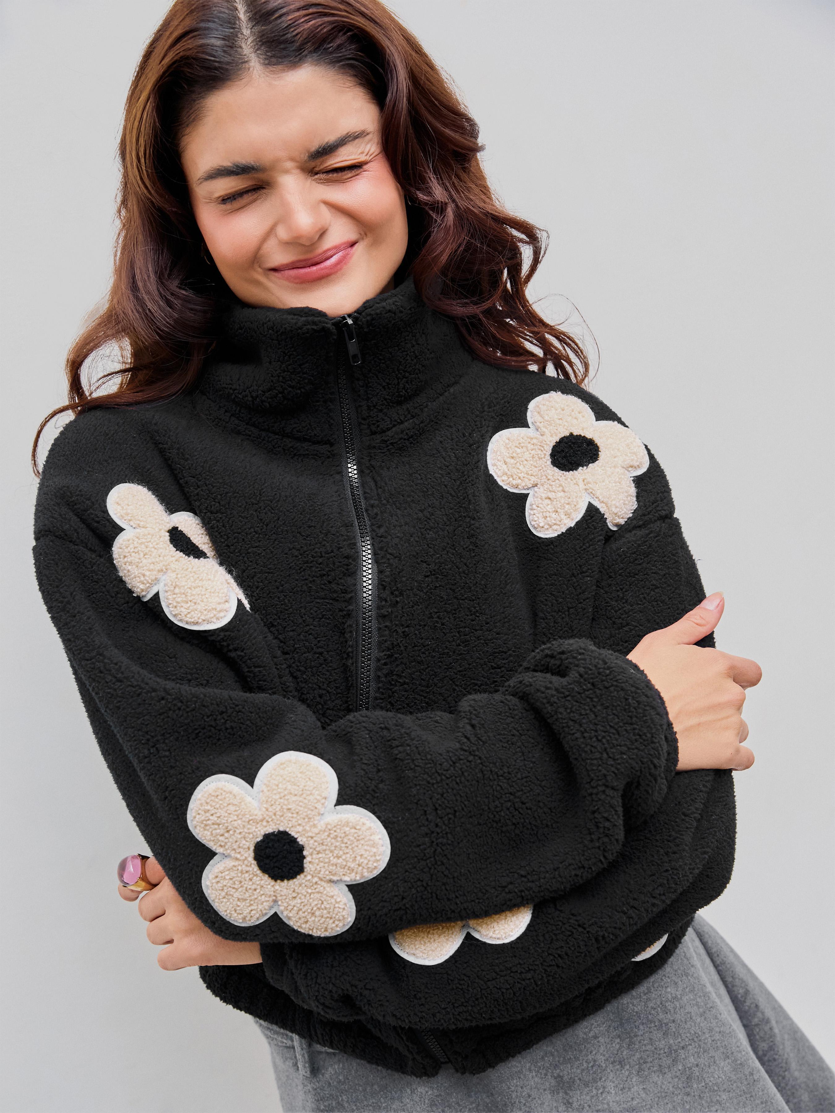 Fleece Stand Neck Flower Pattern Zipper Jacket Product Image