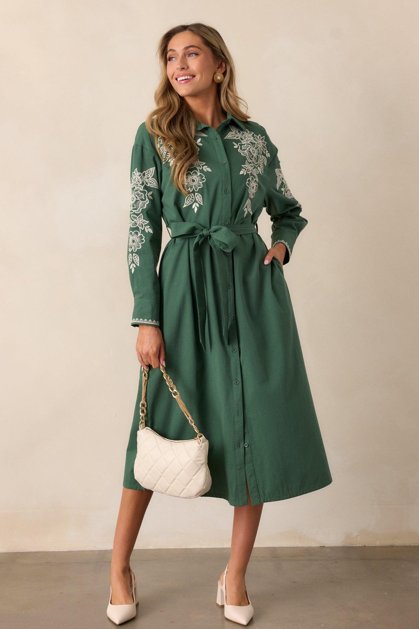 Leaves Of Tomorrow 100% Cotton Forest Green Long Sleeve Midi Dress Product Image