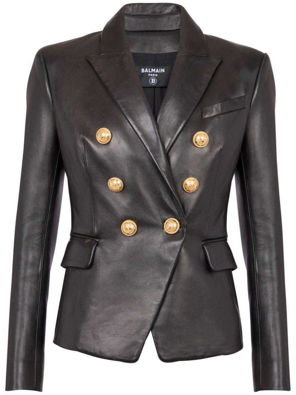 BALMAIN Double-breasted Leather Blazer In Black Product Image