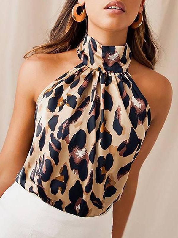 Loose Sleeveless Backless Leopard Pleated Split-Joint Halter-Neck Vest Top Product Image