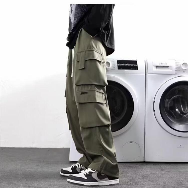 Drawstring Waist Plain Wide Leg Cargo Pants product image