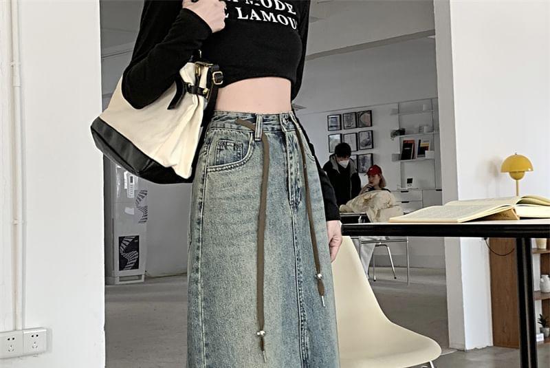 High Waist Washed Slit Midi A-Line Denim Skirt Product Image