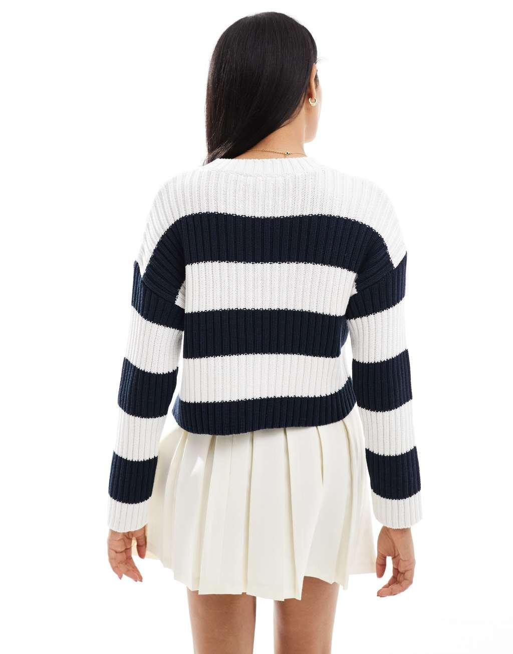 Pull&Bear cropped ribbed knit sweater in navy stripe Product Image