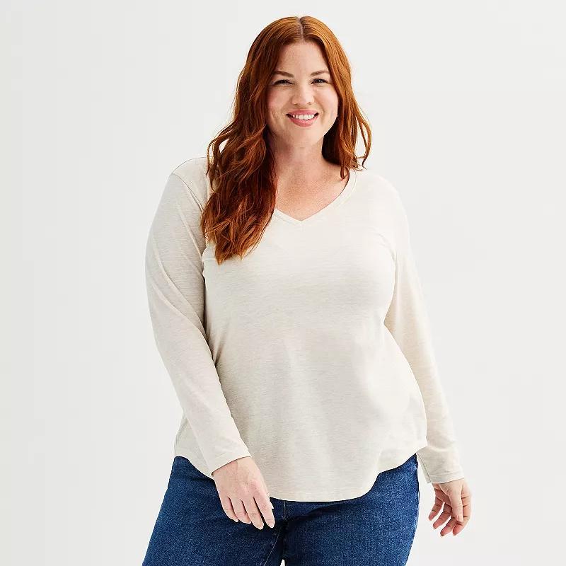 Plus Size Sonoma Goods For Life Everyday Long Sleeve V-Neck Tee, Womens Light Oat Grey Product Image