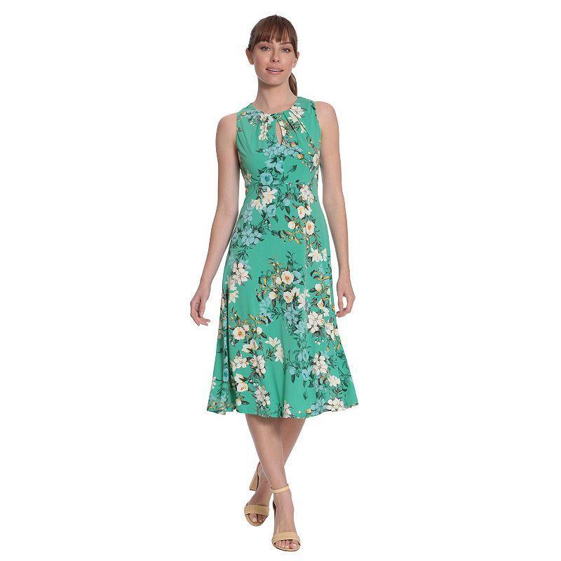 London Times Floral Print Sleeveless Pleated Keyhole Neck Midi Dress Product Image