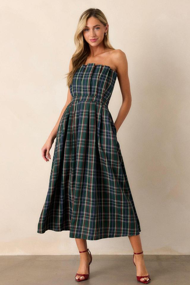 Crystal Dreams Green Plaid Strapless Midi Dress Product Image