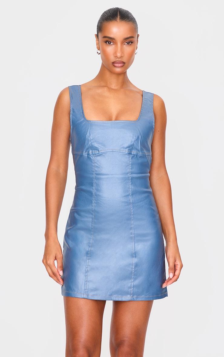 Blue Cut Out Back Coated Denim Mini Dress Product Image