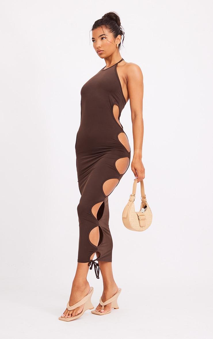 Chocolate Slinky Extreme Cut Out Halter Midaxi Dress Product Image