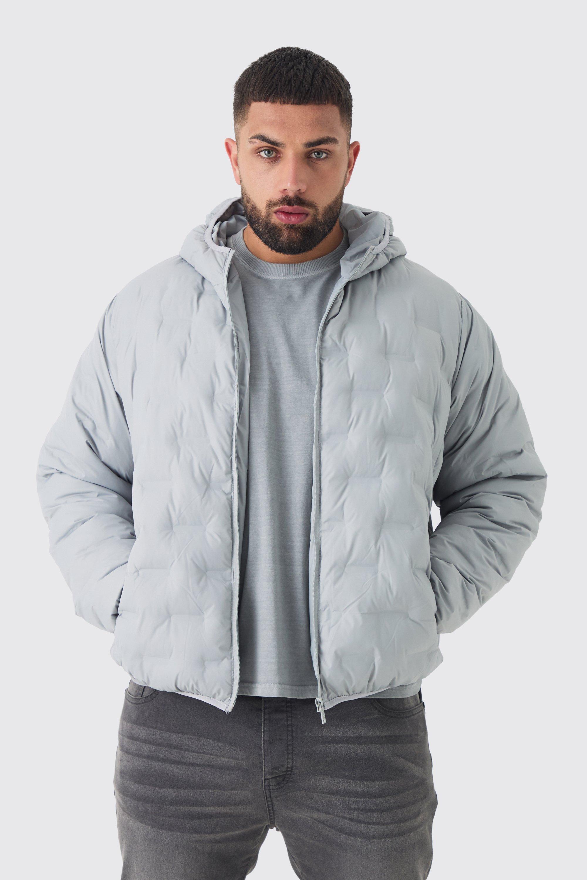 Plus Hooded Heat Seal Quilted Jacket In Grey | boohooMAN USA Product Image