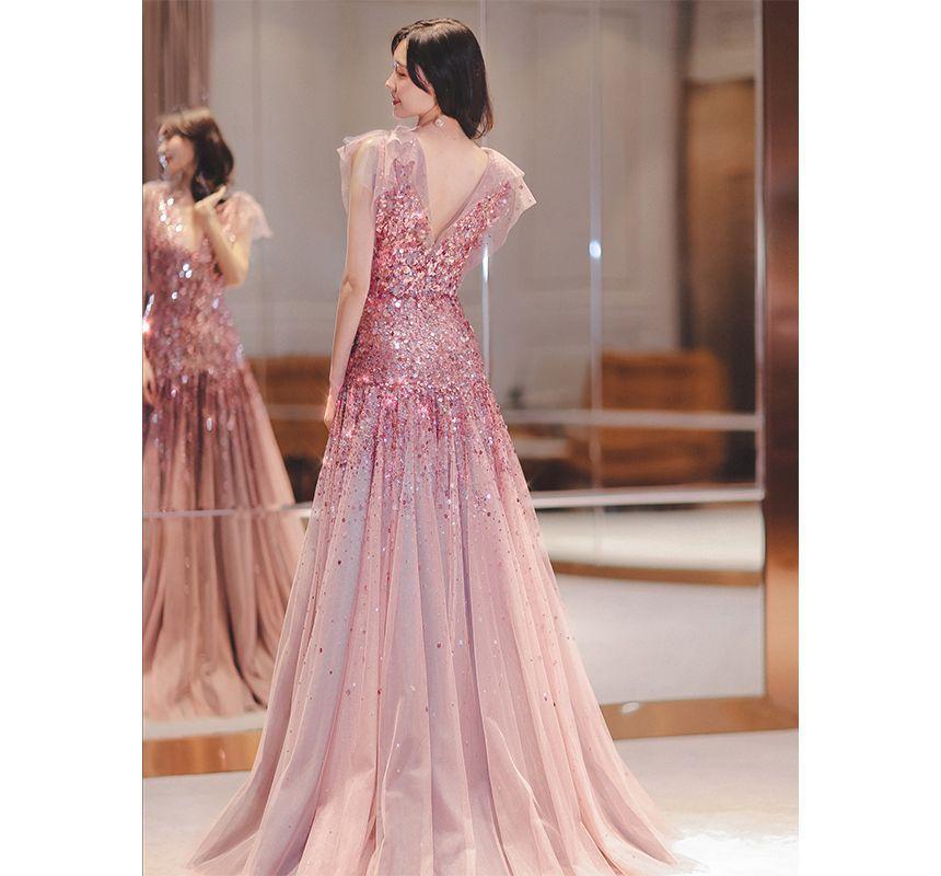 Sleeveless V-Neck Sequined Mesh A-Line Evening Gown Product Image