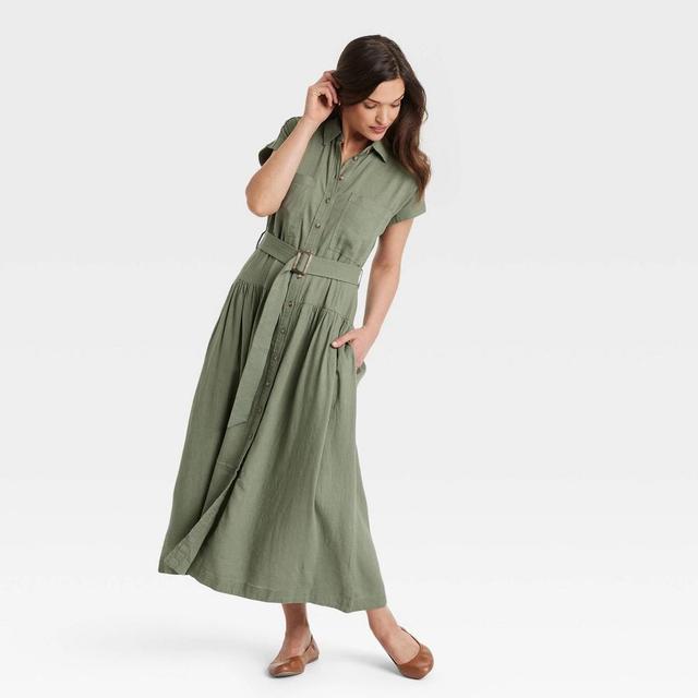 Womens Short Sleeve Belted Midi Shirtdress - Universal Thread Olive M Product Image