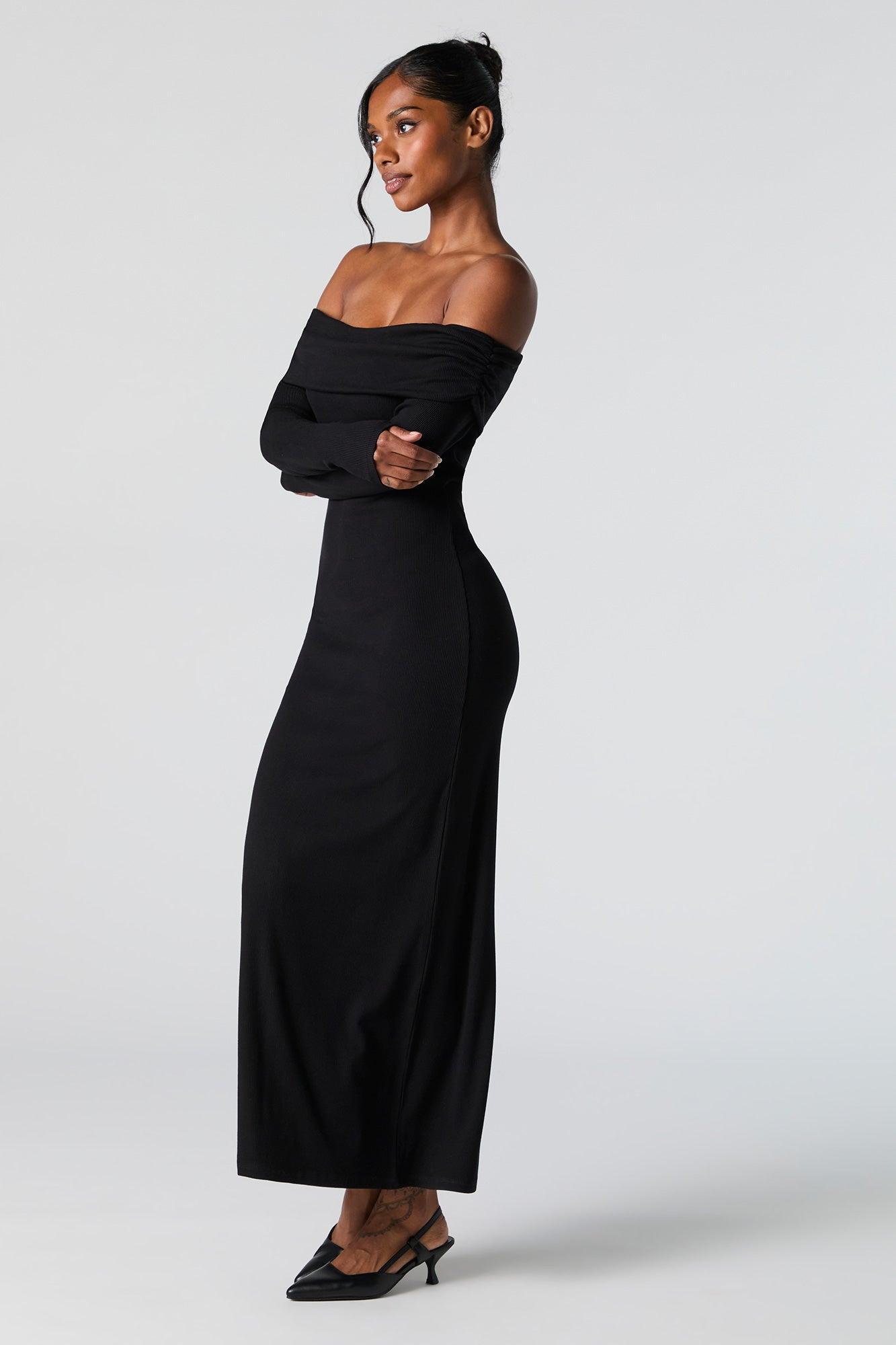 Ribbed Off Shoulder Long Sleeve Maxi Dress Female Product Image