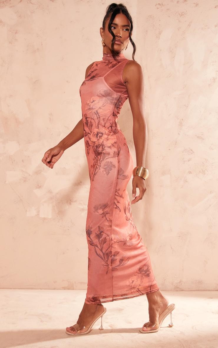 Rust Printed Mesh Overlay Maxi Dress Product Image