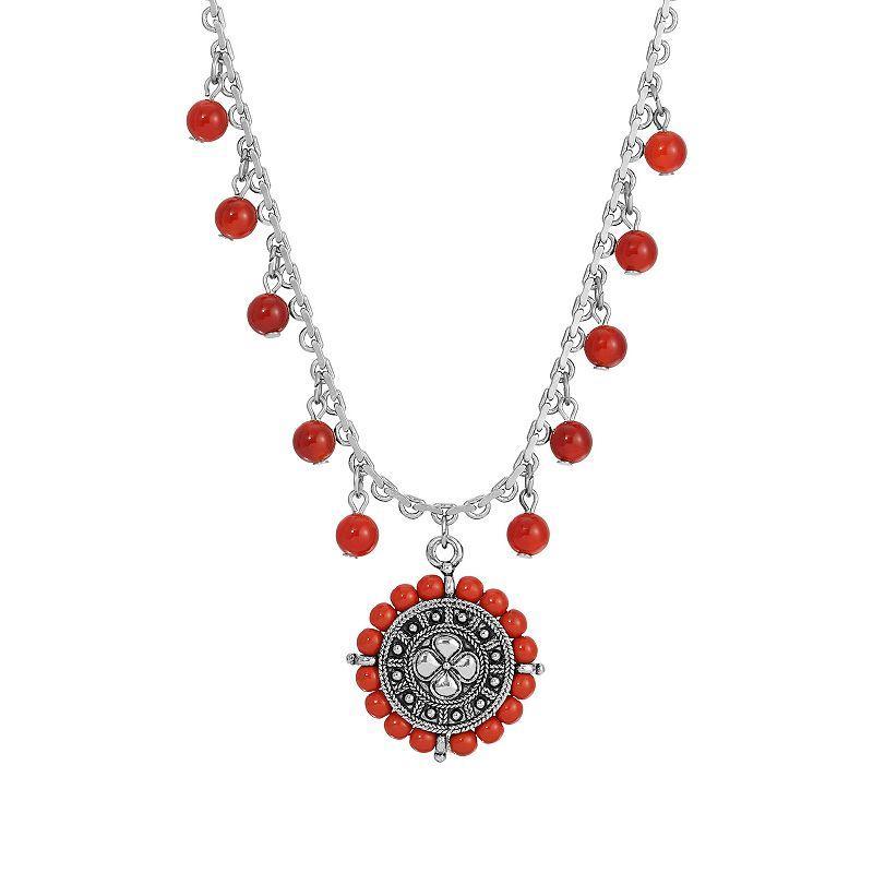 1928 Silver Tone Round Disc with Red Semi Beads Necklace, Womens Product Image