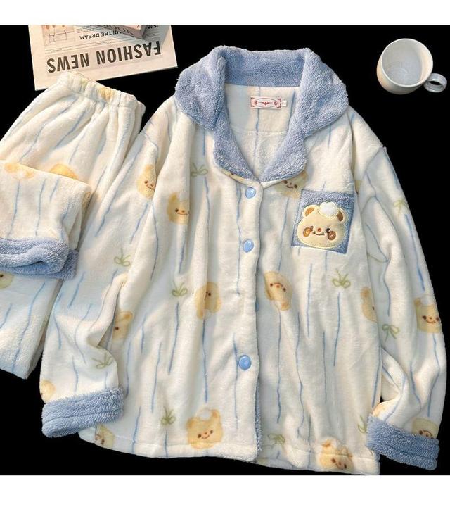 Pajama Set: Bear Applique Jacket + Pants Product Image