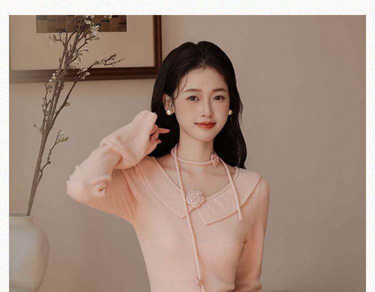 Set: Long-Sleeve Collared Plain Top + High Waist Midi A-Line Skirt Product Image