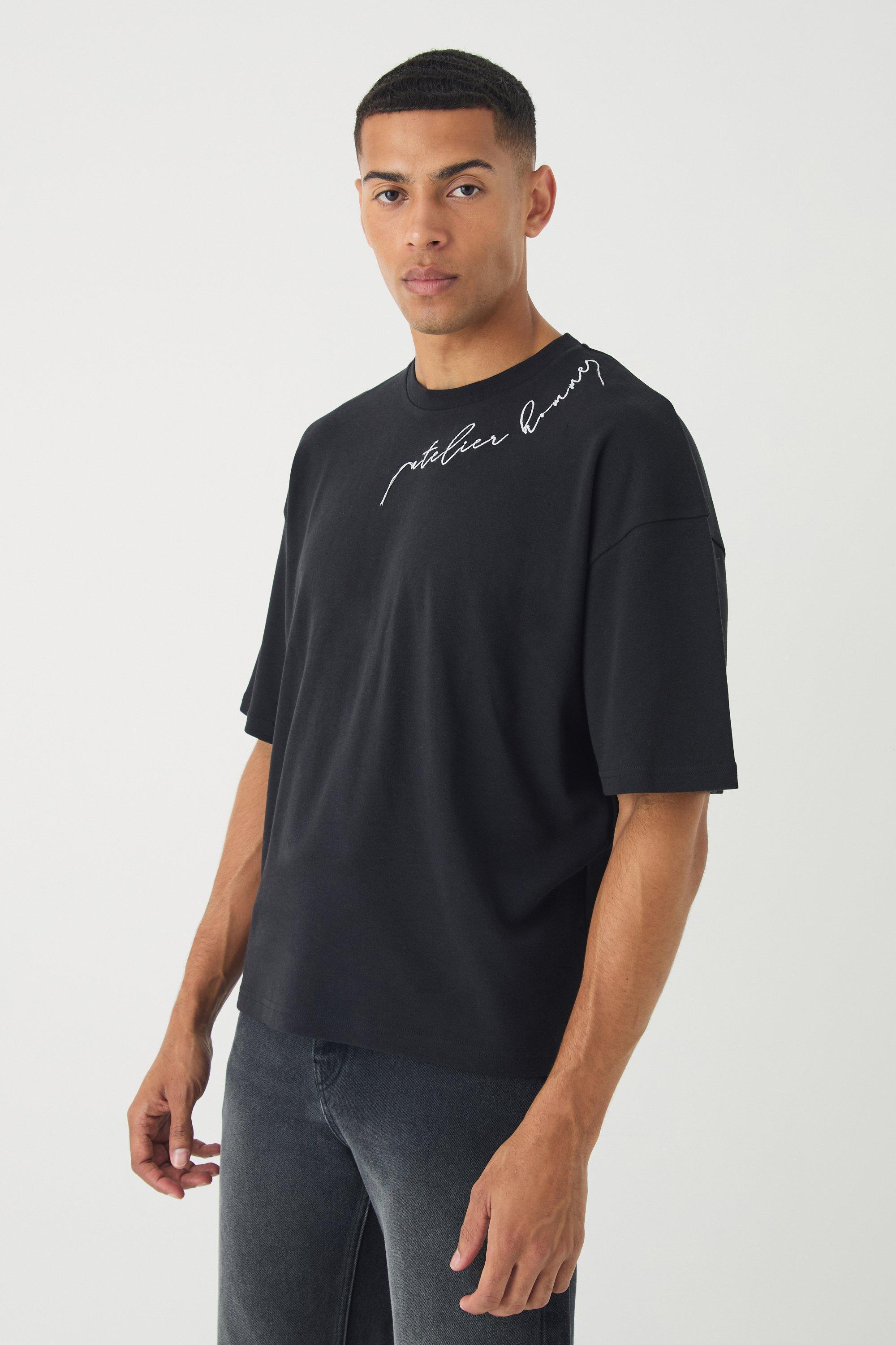 Oversized Boxy Embroidered Slogan T-shirt | boohooMAN USA Product Image