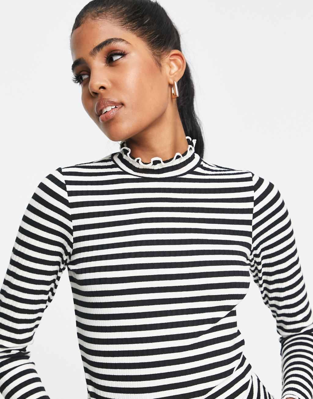 JDY high neck lettuce edge top in black stripe  Product Image