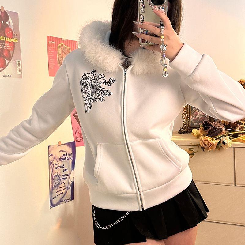 Patterned Print Fluffy Trim Zip Hoodie Product Image