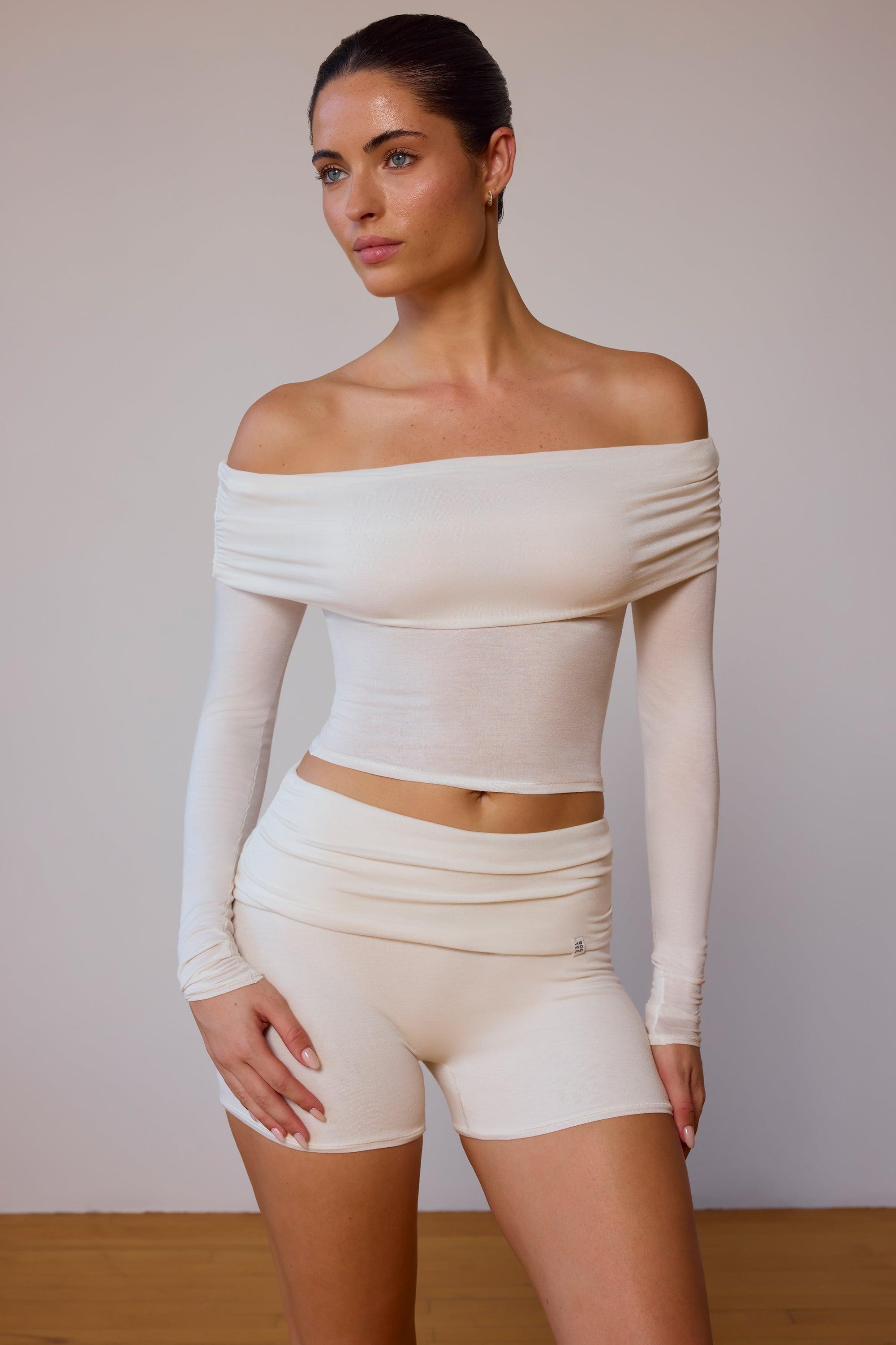 Sheer Off-Shoulder Long-Sleeve Top in Soft White Product Image