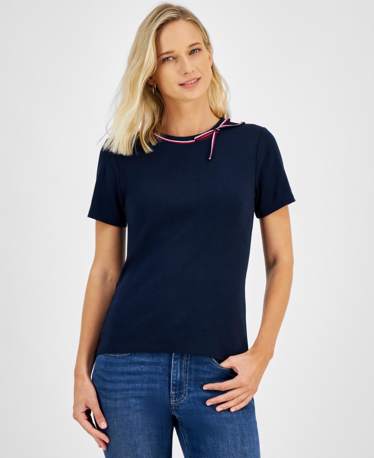 Tommy Hilfiger Womens Bow Neck Cotton T-Shirt Product Image