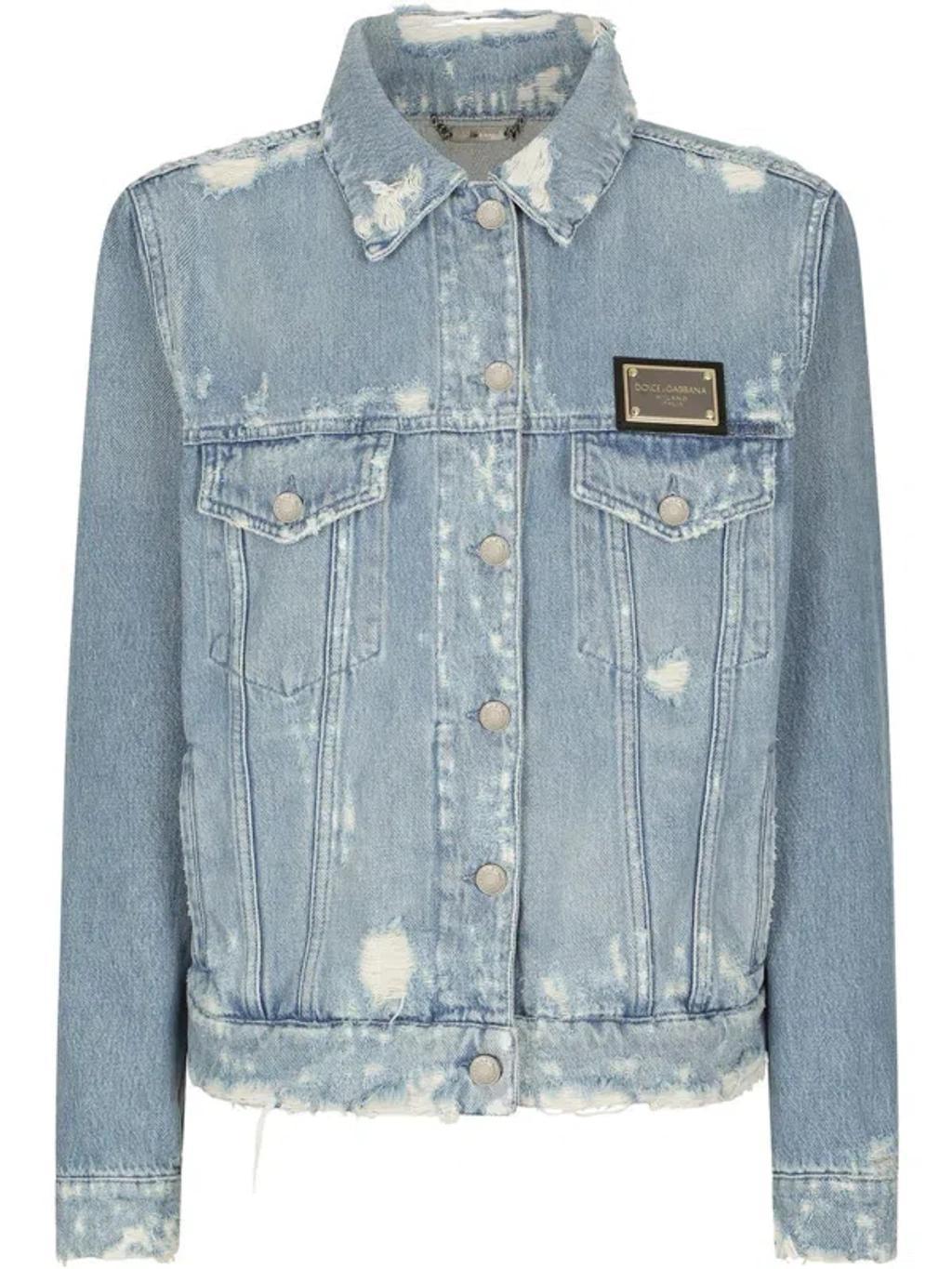 Logo Plaque Ripped Denim Jacket Product Image