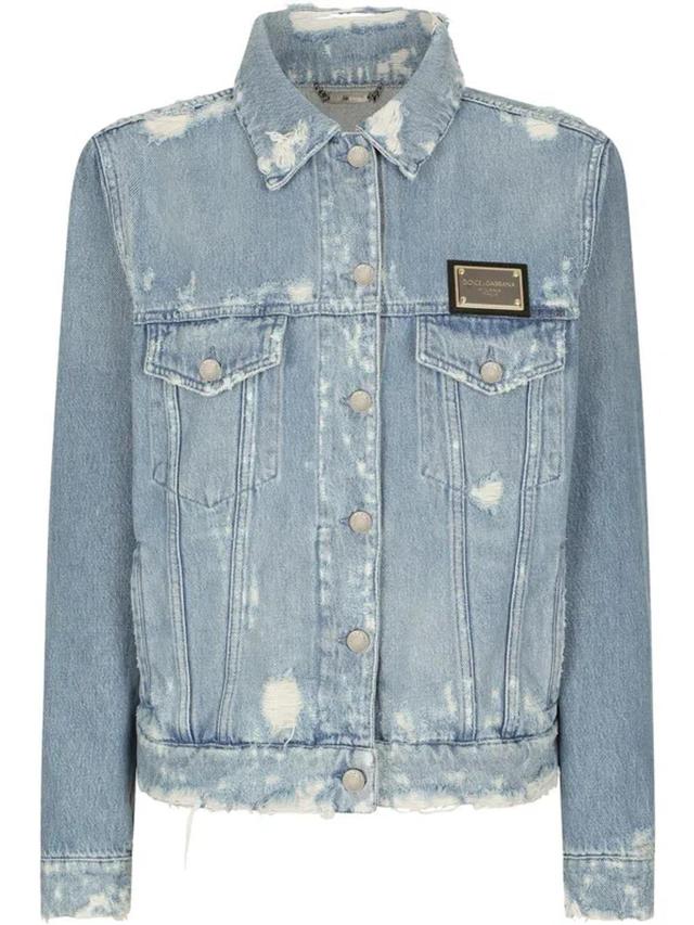 Logo Plaque Ripped Denim Jacket Product Image