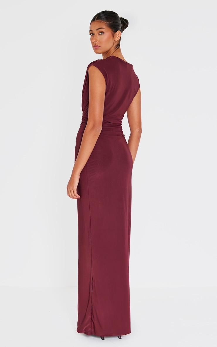 Burgundy Double Layer Slinky Ruched Maxi Dress Product Image