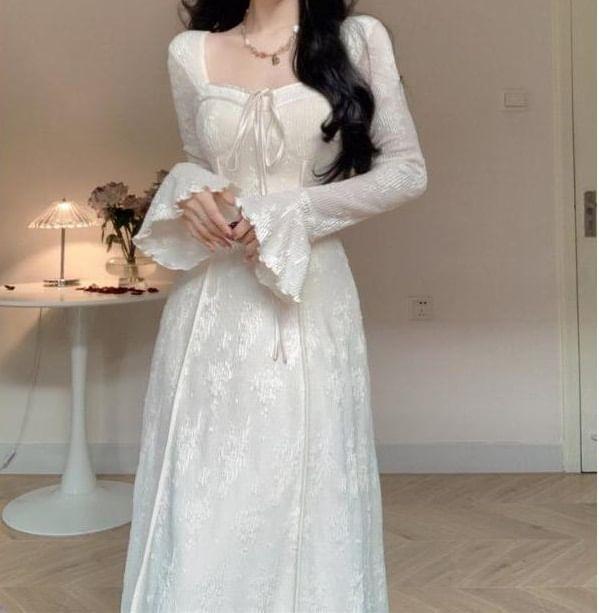 Long Sleeve Square Neck Plain Bow Lace Maxi A-Line Dress Product Image