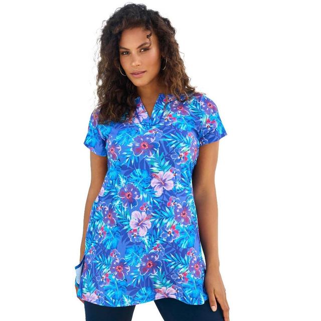 Swim 365 Women's Plus Size Longer Length Short-Sleeve Swim Tunic - 24, Electric Iris Hibiscus Product Image