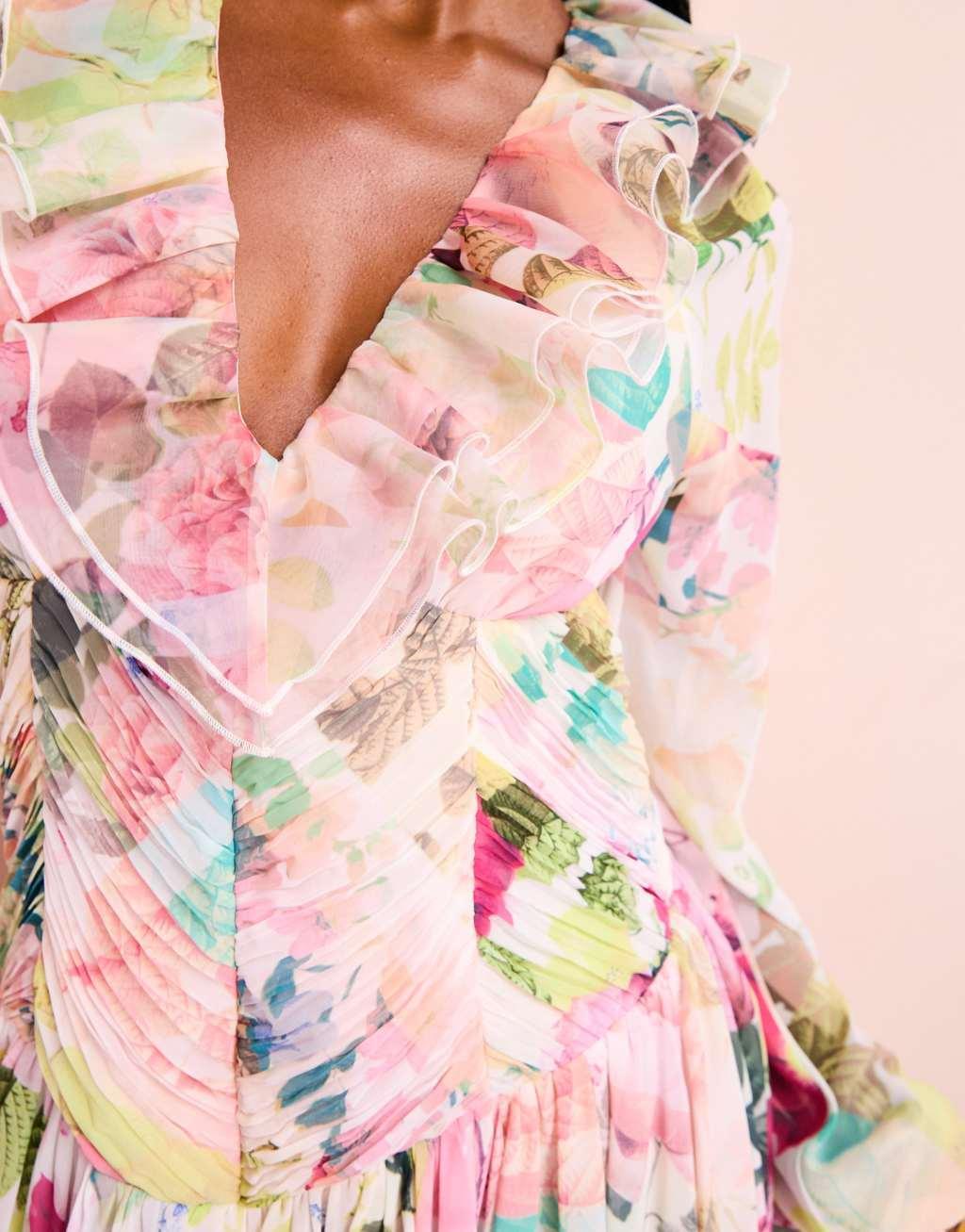 ASOS LUXE organza ruffle high low maxi dress in floral print Product Image