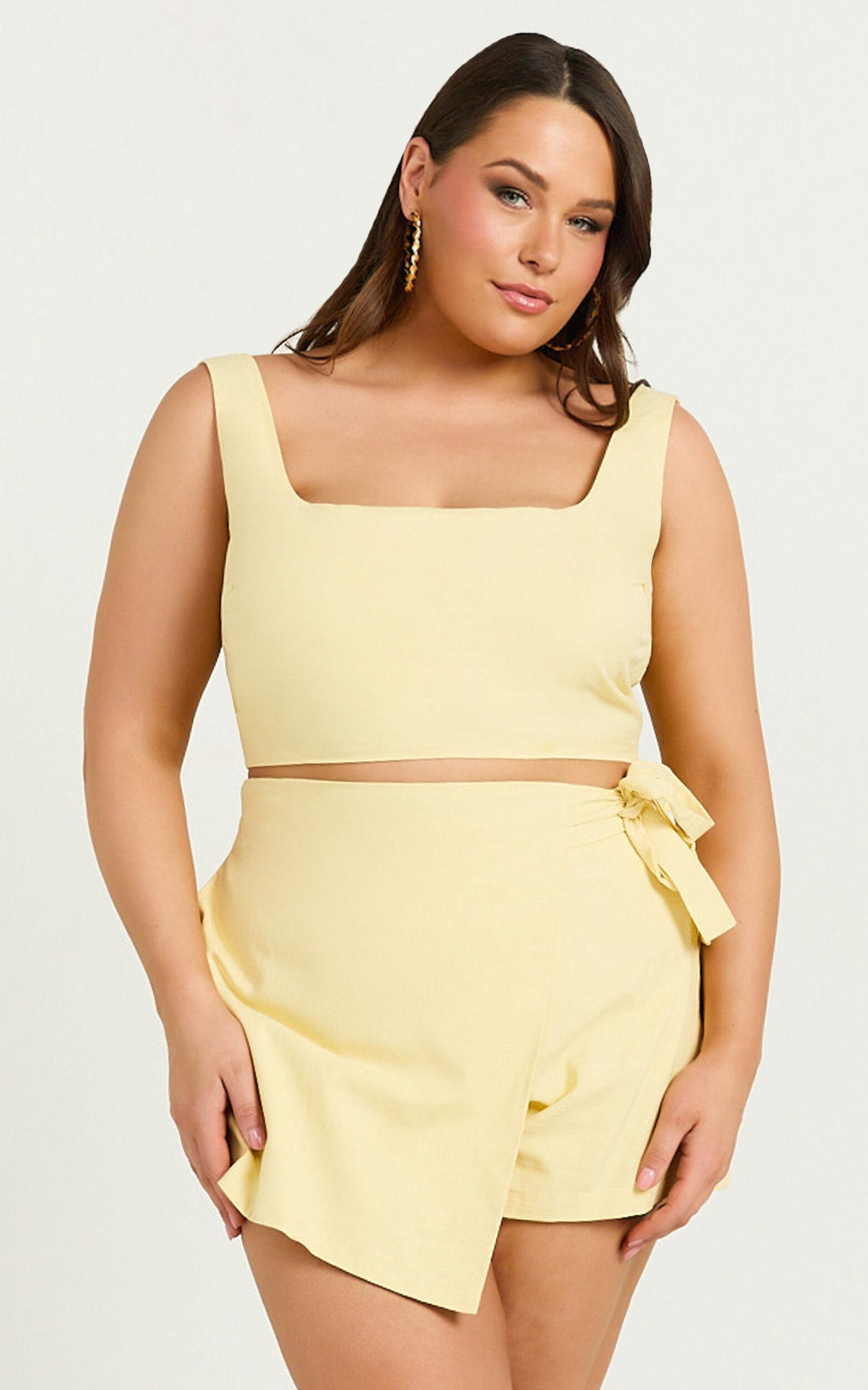 Polina Two Piece Set - Linen Look Square Neck Crop Top and Tie Waist Skort Set in Lemon Product Image