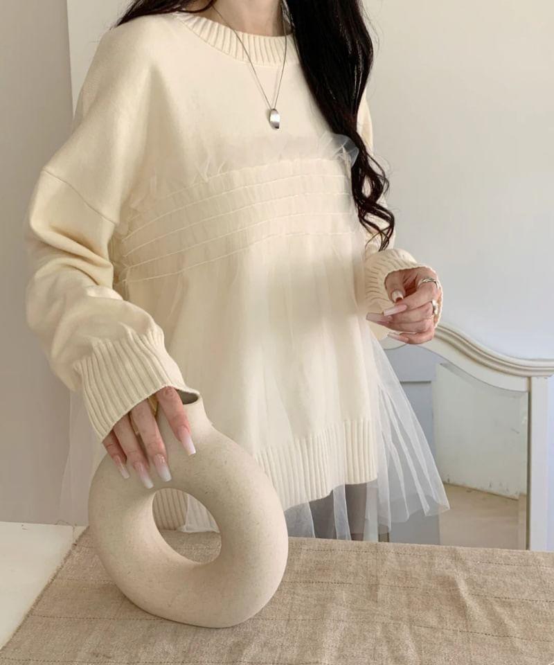 Long-Sleeve Mesh Ruffle Overlay Sweater Product Image