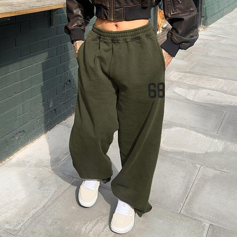 Elastic Waist Number Print Wide Leg Sweatpants Product Image