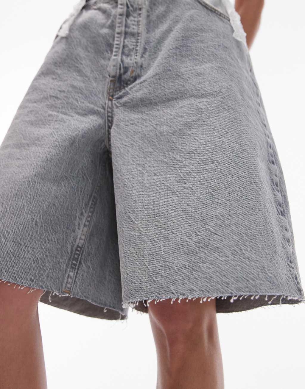 Topshop denim loose fit jorts in gravel wash  Product Image