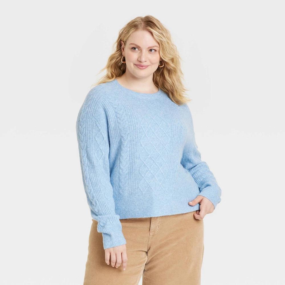 Womens Crewneck Cashmere-Like Cable Pullover Sweater - Universal Thread Blue 2X Product Image