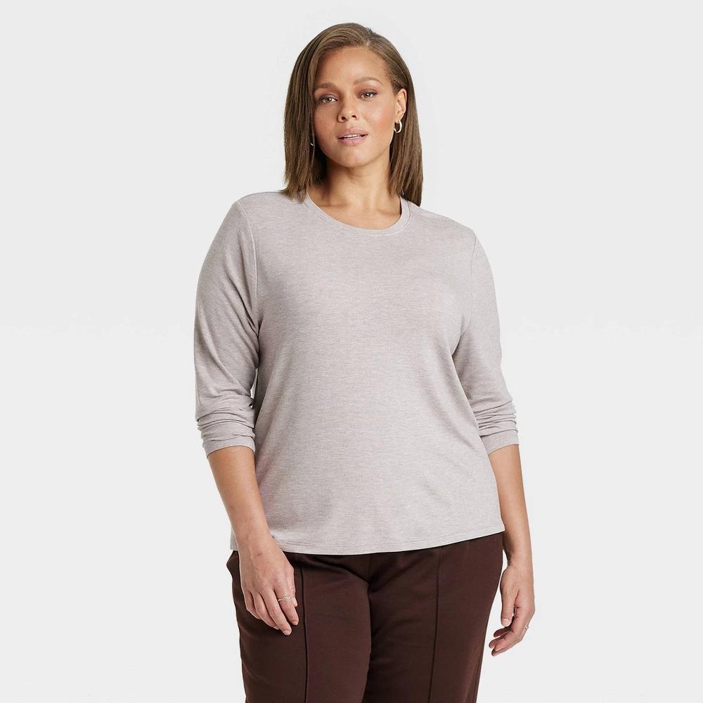 Womens Long Sleeve Brushed Knit T-Shirt - A New Day Beige XXL Product Image