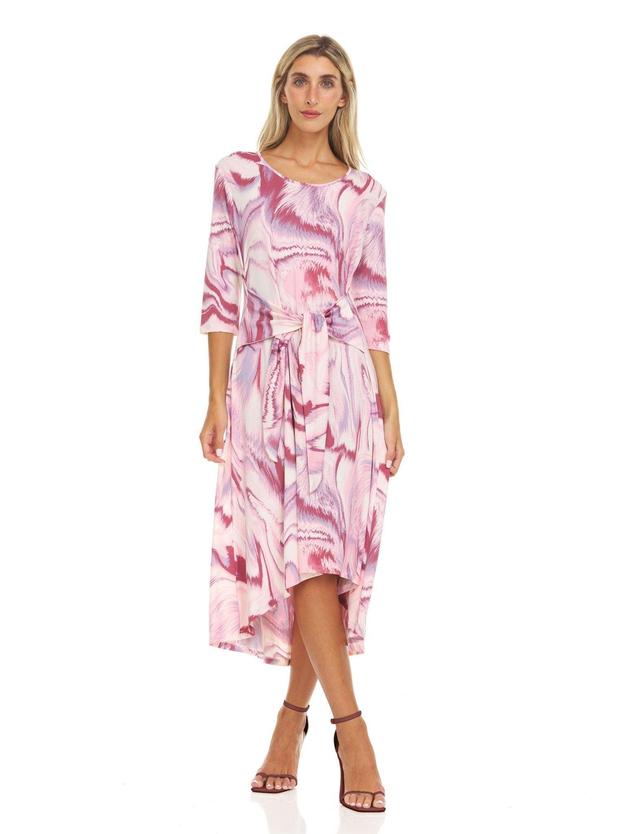 3/4 Sleeve Allover Printed Scoop Neck Midi Dress With Self Tie Belt Product Image